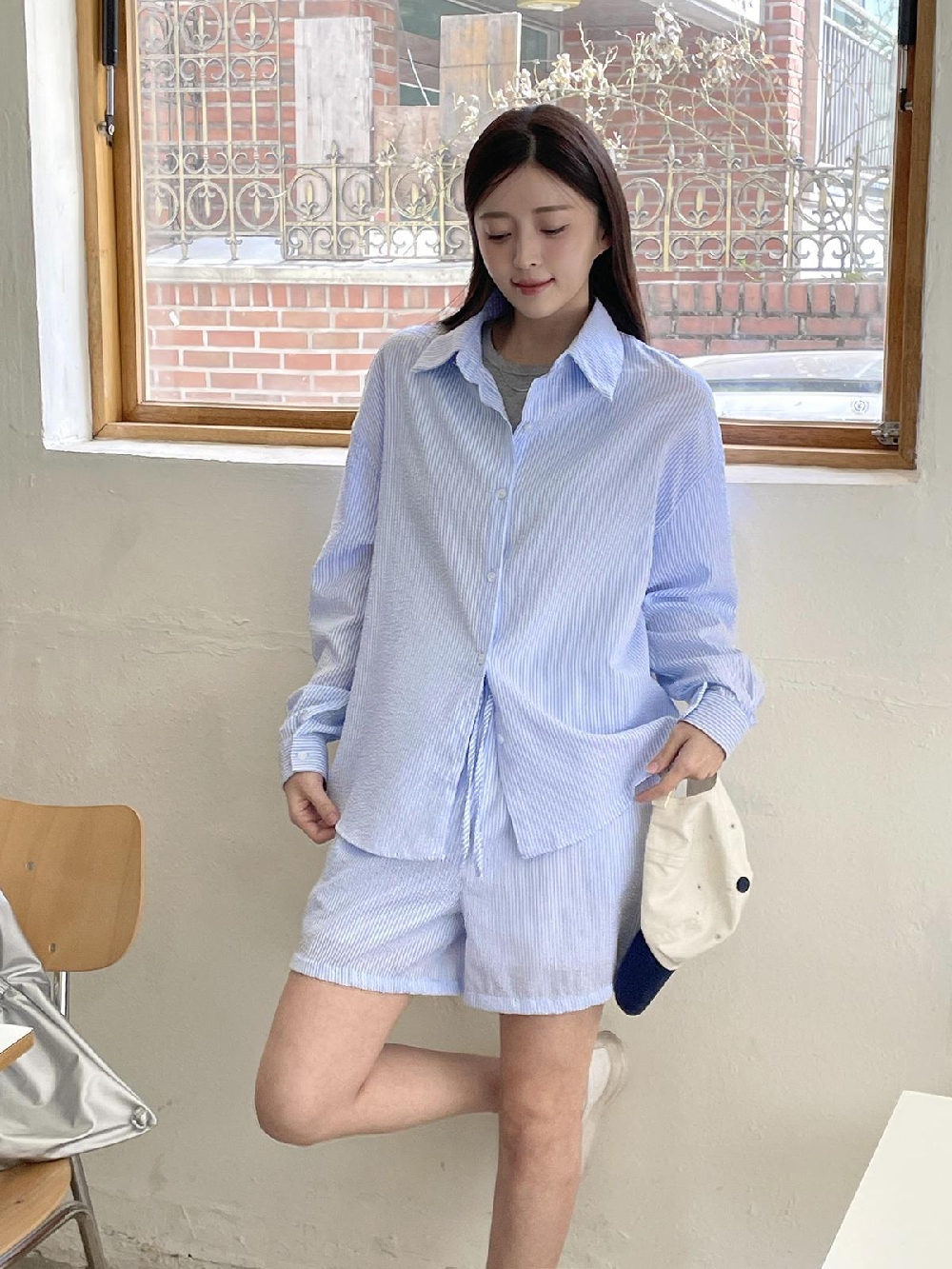 여름 투피스세트 지지미 시어서커 긴팔 셔츠 반바지 휴양지 셋업 꾸안꾸룩 - 상세 이미지 4