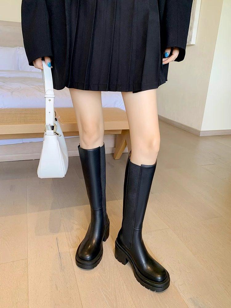 통굽 롱부츠 소가죽 키높이 부츠 라이딩 가죽 부츠 여성 신발 겨울 방한 - 상세 이미지 4
