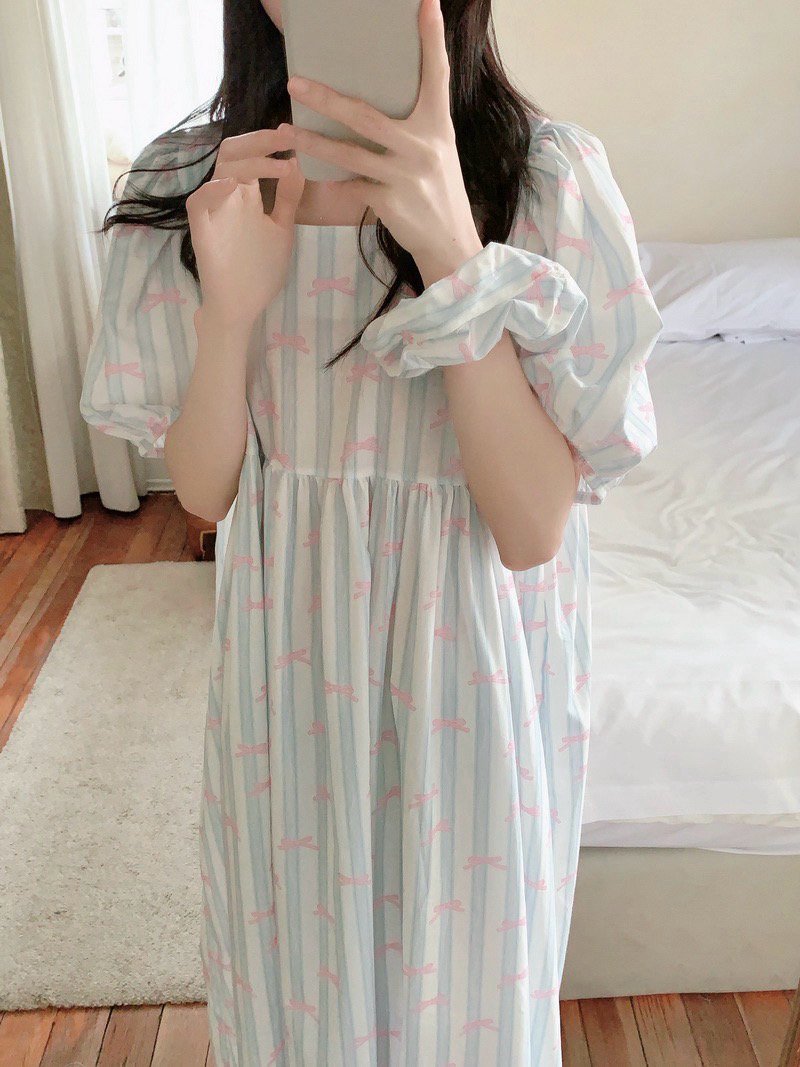 순면 퍼프소매 반팔 원피스잠옷 임산부 빅사이즈 홈웨어 파자마 여름 이미지 6