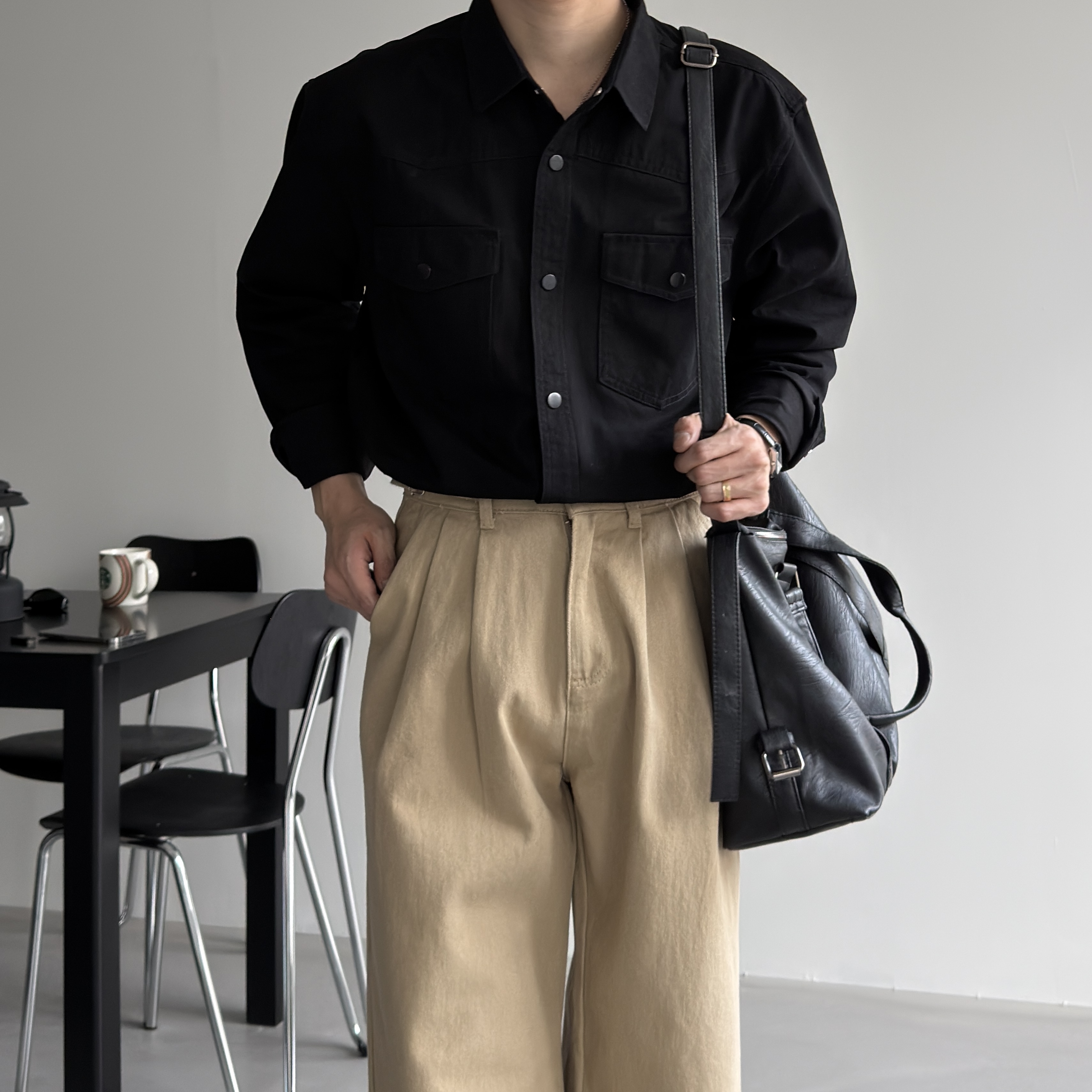 남자오버핏셔츠 남자투포켓셔츠 웨스턴 블랙, FREE(One size) - 상품 이미지