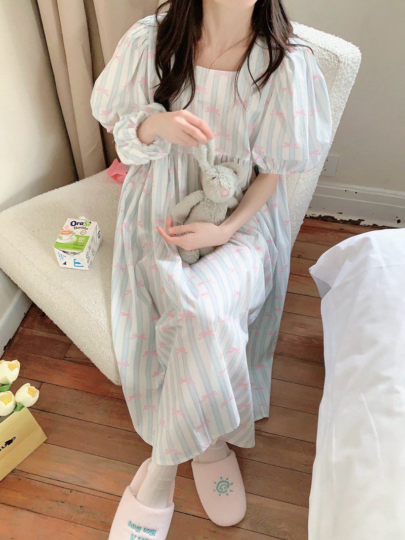 순면 퍼프소매 반팔 원피스잠옷 임산부 빅사이즈 홈웨어 파자마 여름 - 상세 이미지 2