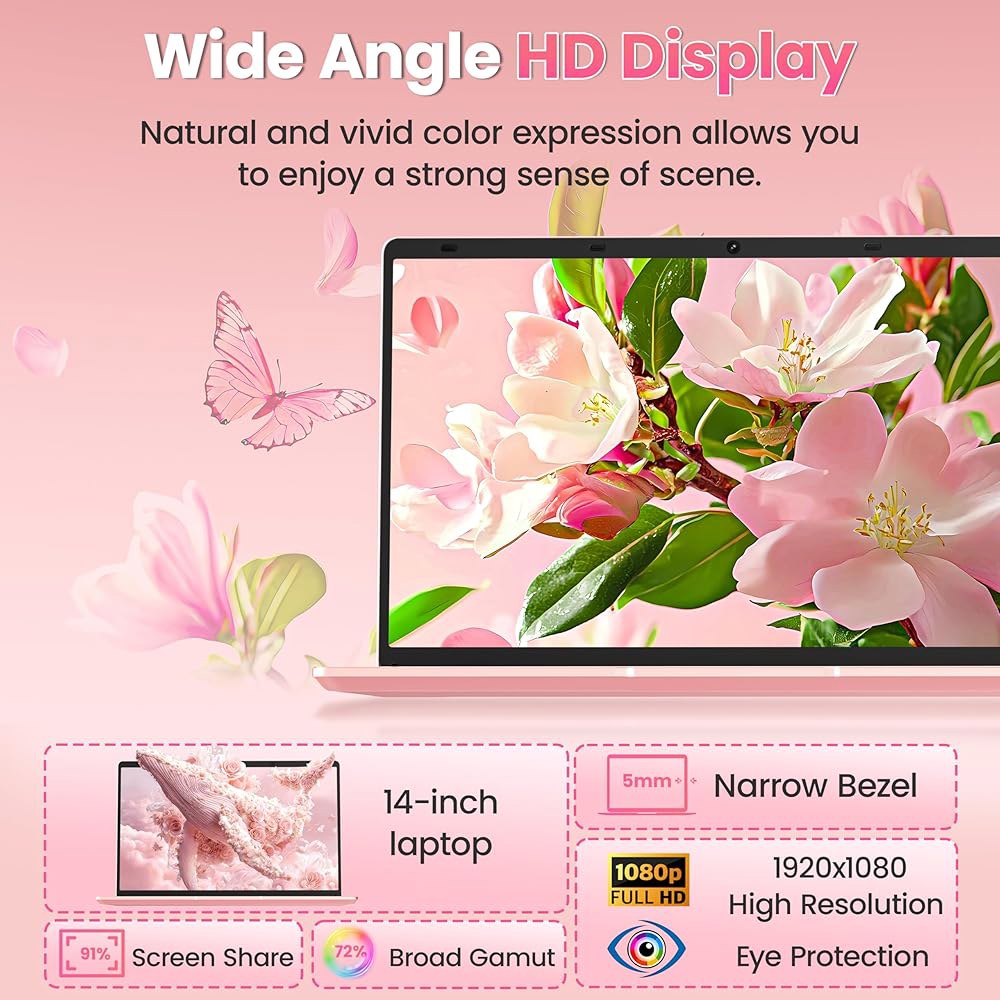 Svikou 14인치 로즈 골드 노트북, 쿼드 128GB 텔 및 J4105 윈도우 여행, 학습을 IPS 수업, 노트북 11 업무 FHD 코어 6GB PC, 프로 프로세서, SSD, - 상세 이미지 2