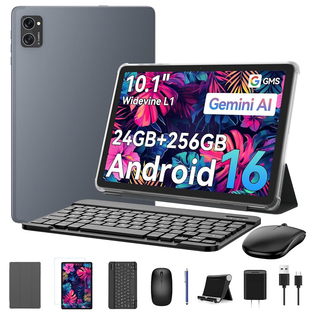 태블릿, 2026 최신 안드로이드 16 ROM 마우스 직장/학교용 RAM 10인치 256GB 2-in-1 와이드바인 및 5G 24GB Wi-Fi, FHD, GPS, (2TB 옥타 - 상품 이미지