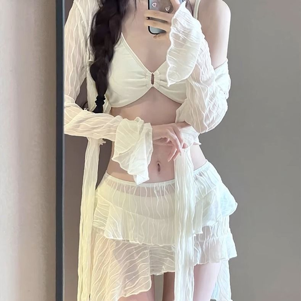 비키니 스커트 수영복세트 레이스 시스루 긴팔 크롭 커버업 프릴 셔링 랩스커트 여성용 - 상품 이미지