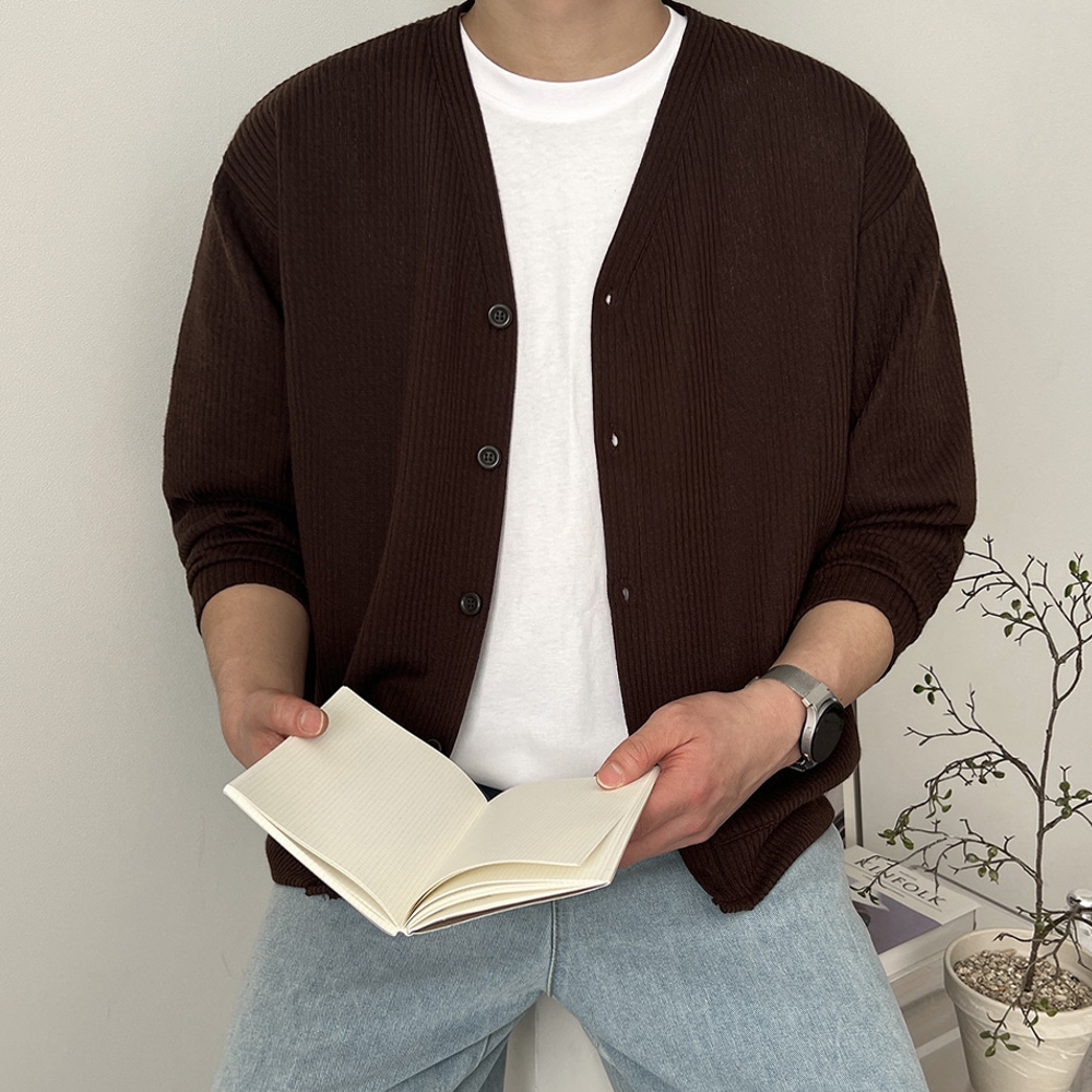 남자 게리 오버핏 봄 가을 무지 브이넥 가디건 M~5XL - 상세 이미지 5