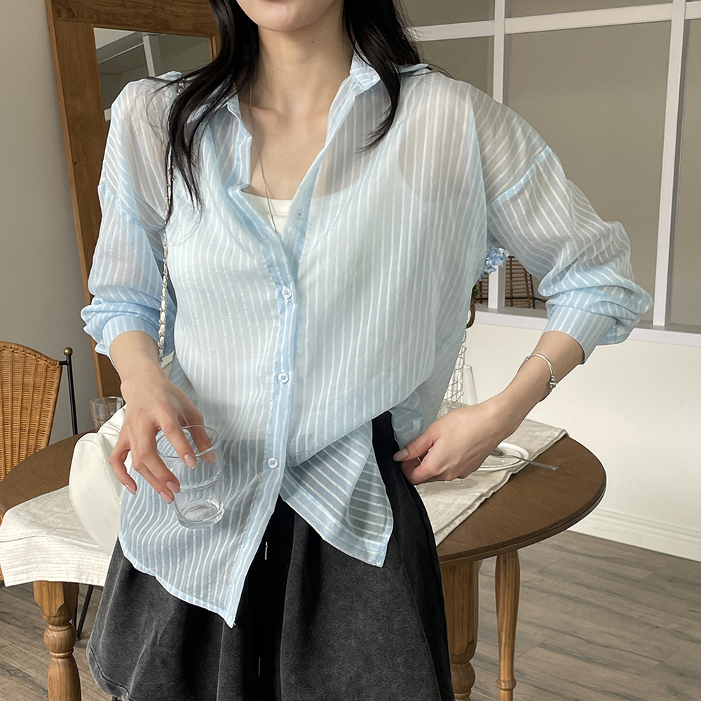 소프트 촉감 시스루 포켓 여성 스트라이프 셔츠 블라우스 봄 여자 셔츠 면 블루 하늘색 - 상세 이미지 4