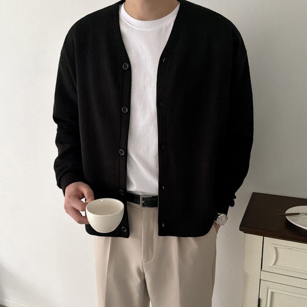 남자 게리 오버핏 봄 가을 무지 브이넥 가디건 M~5XL - 상세 이미지 4