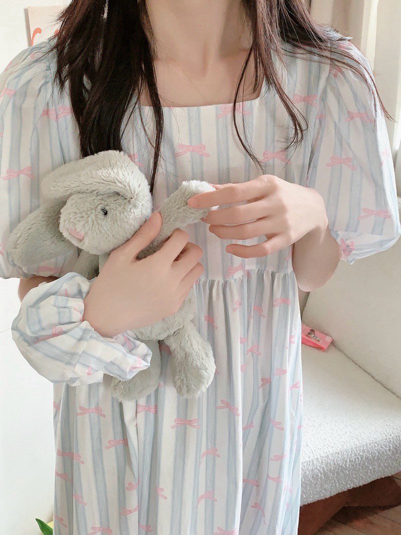 순면 퍼프소매 반팔 원피스잠옷 임산부 빅사이즈 홈웨어 파자마 여름 - 상세 이미지 4