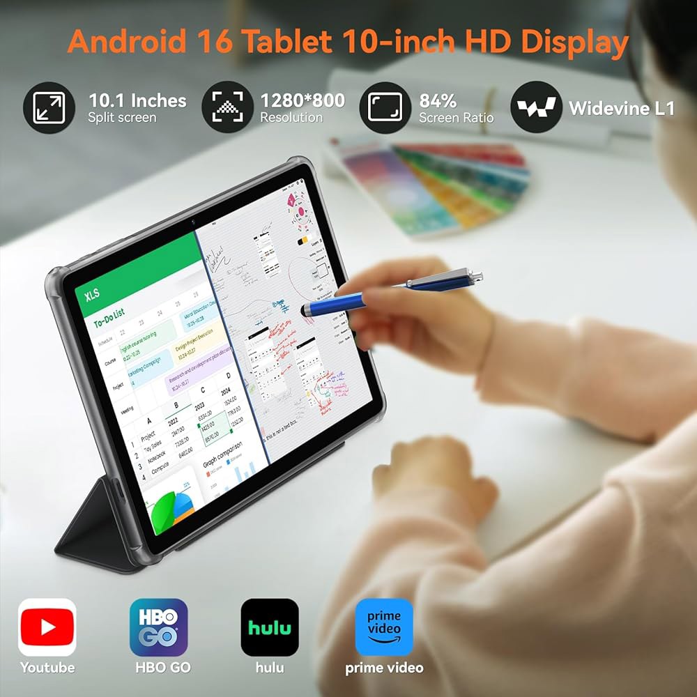 태블릿, 2026 최신 안드로이드 16 ROM 마우스 직장/학교용 RAM 10인치 256GB 2-in-1 와이드바인 및 5G 24GB Wi-Fi, FHD, GPS, (2TB 옥타 - 상세 이미지 2