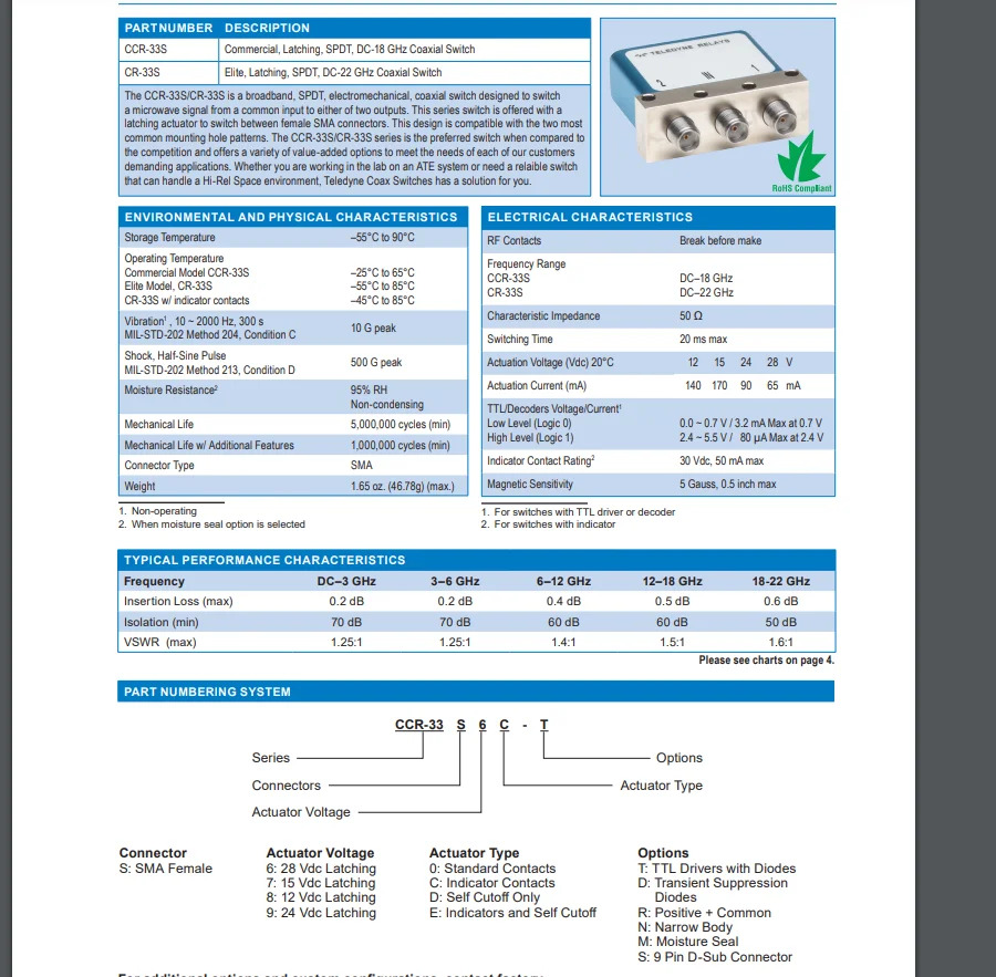 SPDT 래칭 SMA RF 마이크로파 동축 스위치 CCR-33S30-T 12V 18GHz