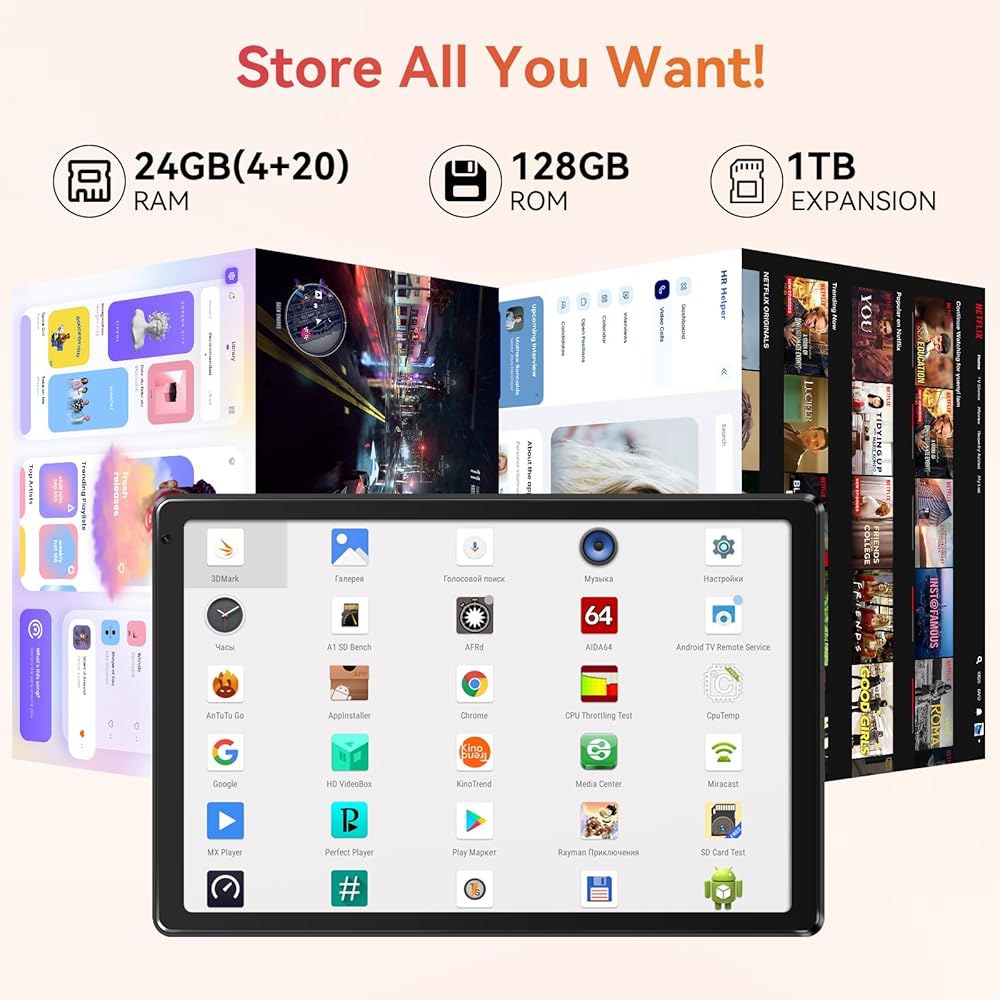 URAO 태블릿, 10.1인치 안드로이드 15 BT RAM 터치 6, 24GB HD 8H IPS 듀얼 5.0, 태블릿 128GB 배터리, 코어 ROM 옥타 프로세서 Wi-Fi 스크 - 상세 이미지 3