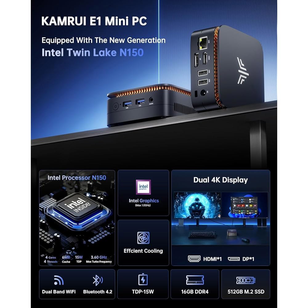 KAMRUI N150 미니 PC, 소형 폼 16GB 비즈니스, DDR4 512GB M.2 사무실, 가정용 팩터 컴퓨터 SSD, - 상세 이미지 2