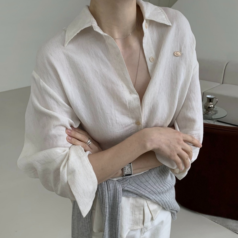 피엘 여성 셔츠 블라우스 레이어드 루즈핏 여름 시원한 살안타 출근룩 면접 남방 - 상세 이미지 2
