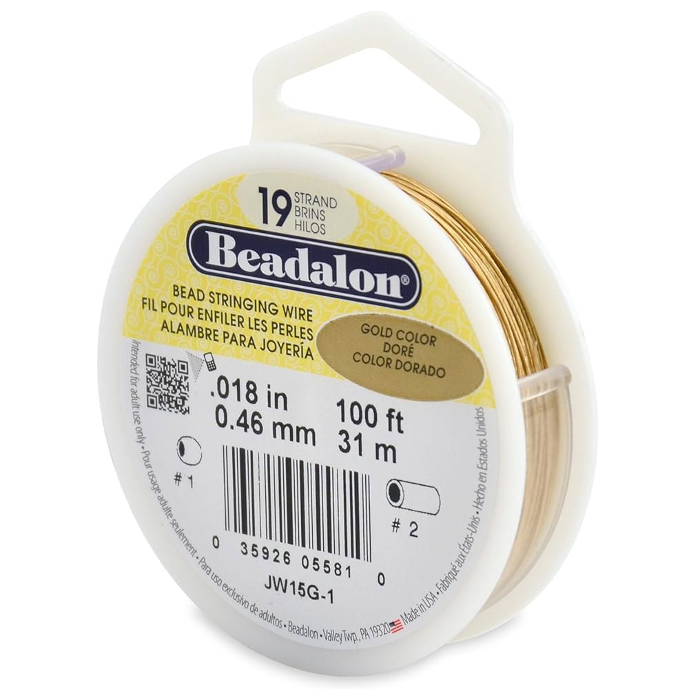 Beadalon 19가닥 비즈 스트링 와이어, 30.5M 공예용 0.46mm, 골드 색상, 0.018 in/100 Feet - 상품 이미지