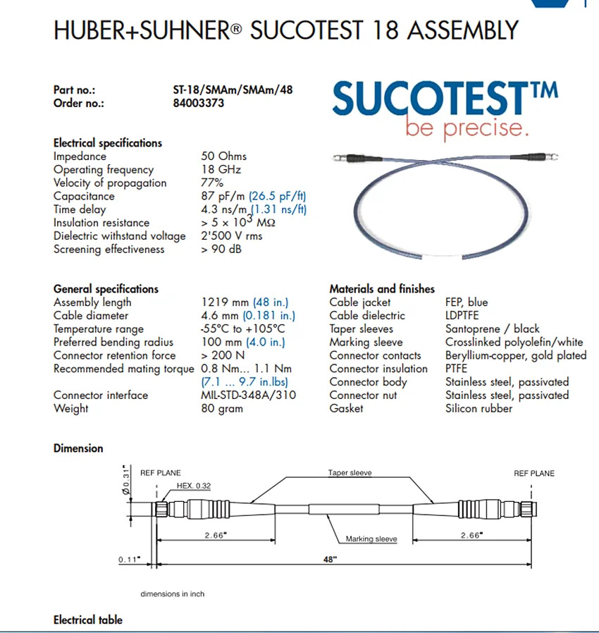 허버 SUHNER SUCOSMA 수 RF 리퍼 라케이블 18 DC18GHz 30cm 60cm 1.2M 1.5M