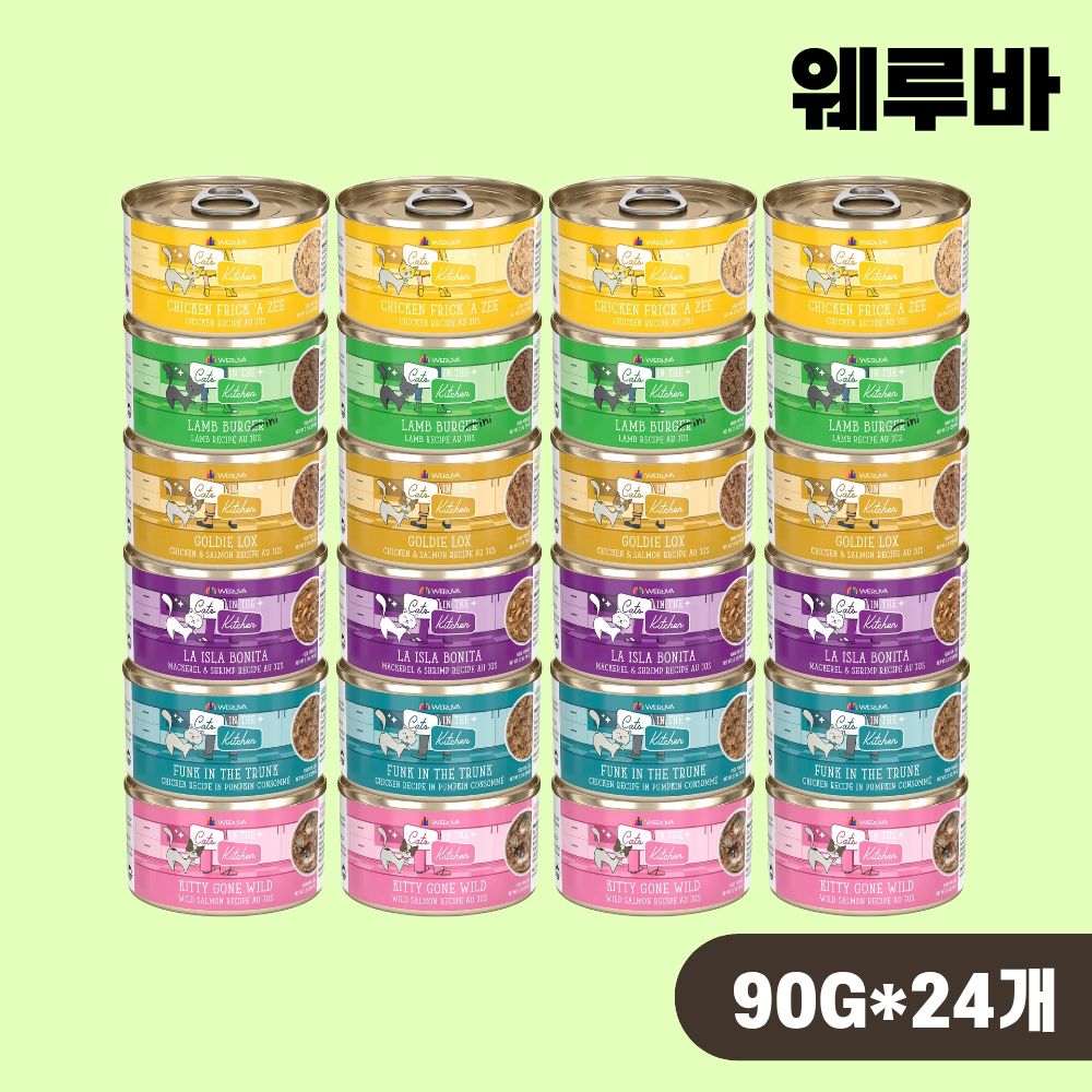 [+N포인트] 웨루바 캣 주식 캔 고양이 습식캔 6종 랜덤 콤보, 90g, 24개 - 상품 이미지
