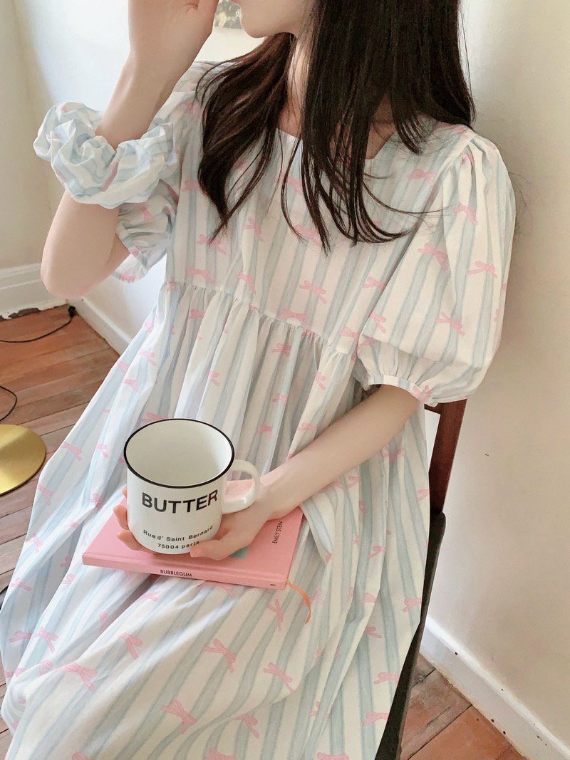 순면 퍼프소매 반팔 원피스잠옷 임산부 빅사이즈 홈웨어 파자마 여름 이미지 7