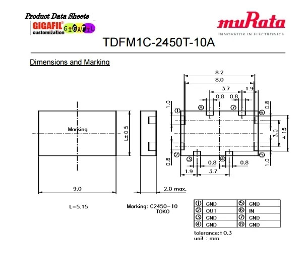 10개 2.4G 표면 실장형 유전체 필터 2450MHz 오리지널 TDFM1C-2450T-10AP