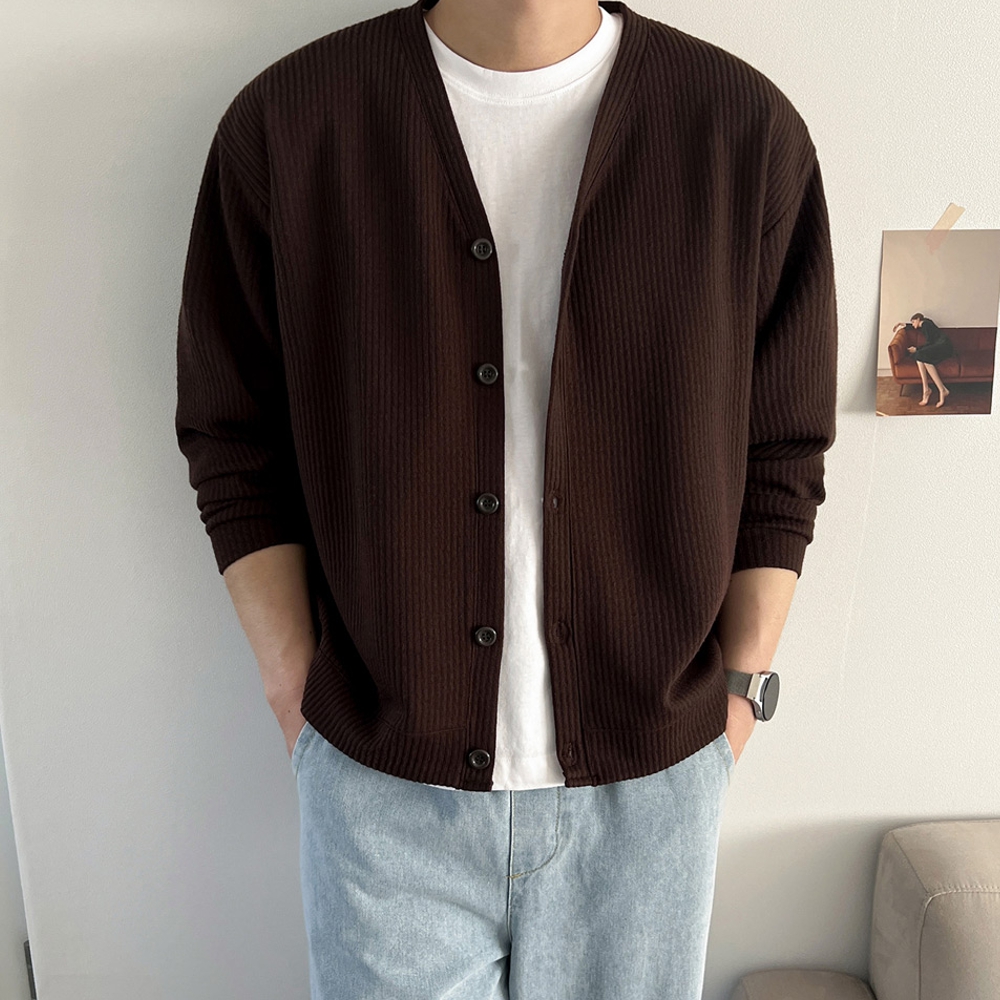 남자 게리 오버핏 봄 가을 무지 브이넥 가디건 M~5XL - 상세 이미지 2
