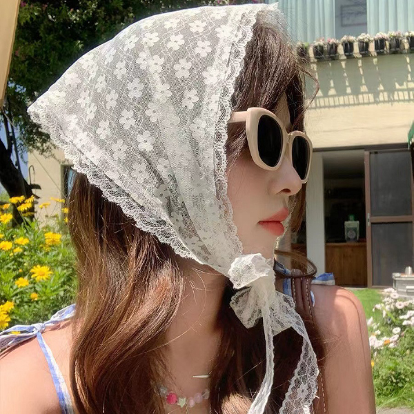 [이거찜] 레이스두건 삼각 스카프 프릴 예쁜스카프 헤어두건 레이어드 스커 - 상세 이미지 2
