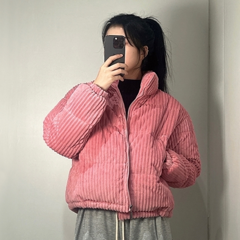 여성 코듀로이 골덴 크롭 패딩 점퍼 숏패딩 [3color 오버핏 하이넥 스트링 잠바 여자 흰색 아우터 겨울] - 상품 이미지