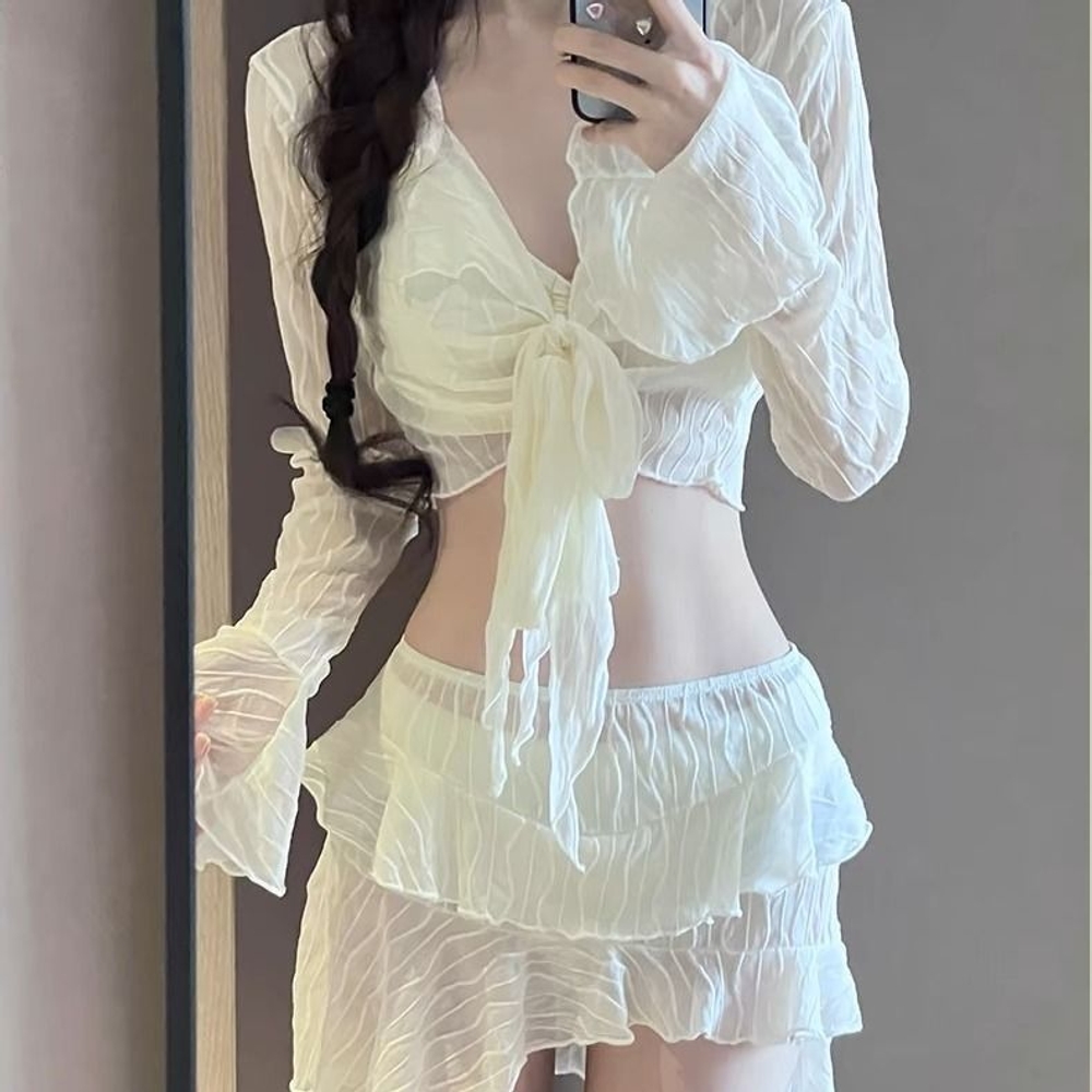 비키니 스커트 수영복세트 레이스 시스루 긴팔 크롭 커버업 프릴 셔링 랩스커트 여성용 - 상세 이미지 4