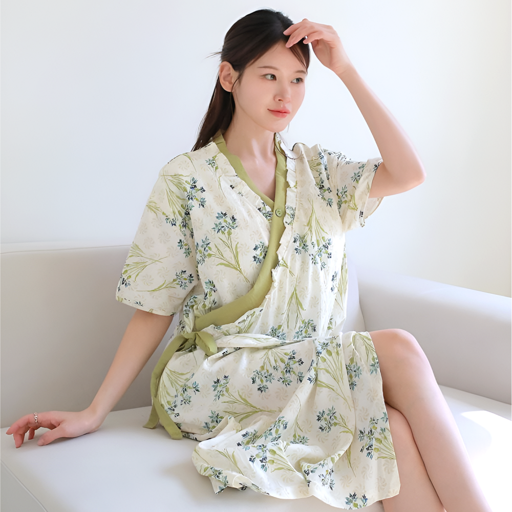 캡내장잠옷 유카타 아사면원피스 요루파자마 노브라 수유 지지미 브라탑 임산부 가슴패드 - 상세 이미지 3