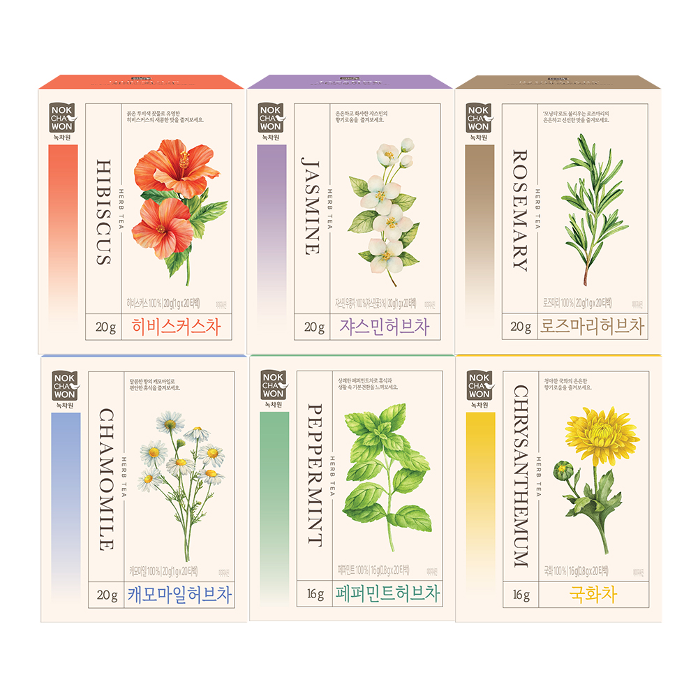 [녹차원] 인기 허브차 6종 세트(로즈마리+쟈스민+캐모마일+페퍼민트+국화차+히비스커스) - 상품 이미지