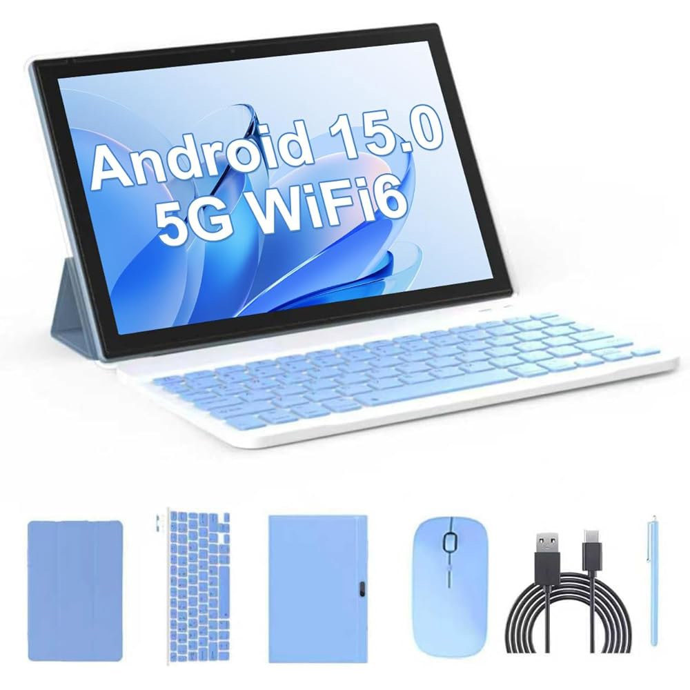 2 in 1 태블릿 10인치 펜, PC 블루 케이스 배터리 스타일러스 스크린 키보드 세트, 카메라 듀얼 마우스 WiFi6 터치 HD 6000mAh 2MP+8MP 탭, 블루투스 안드 - 상품 이미지