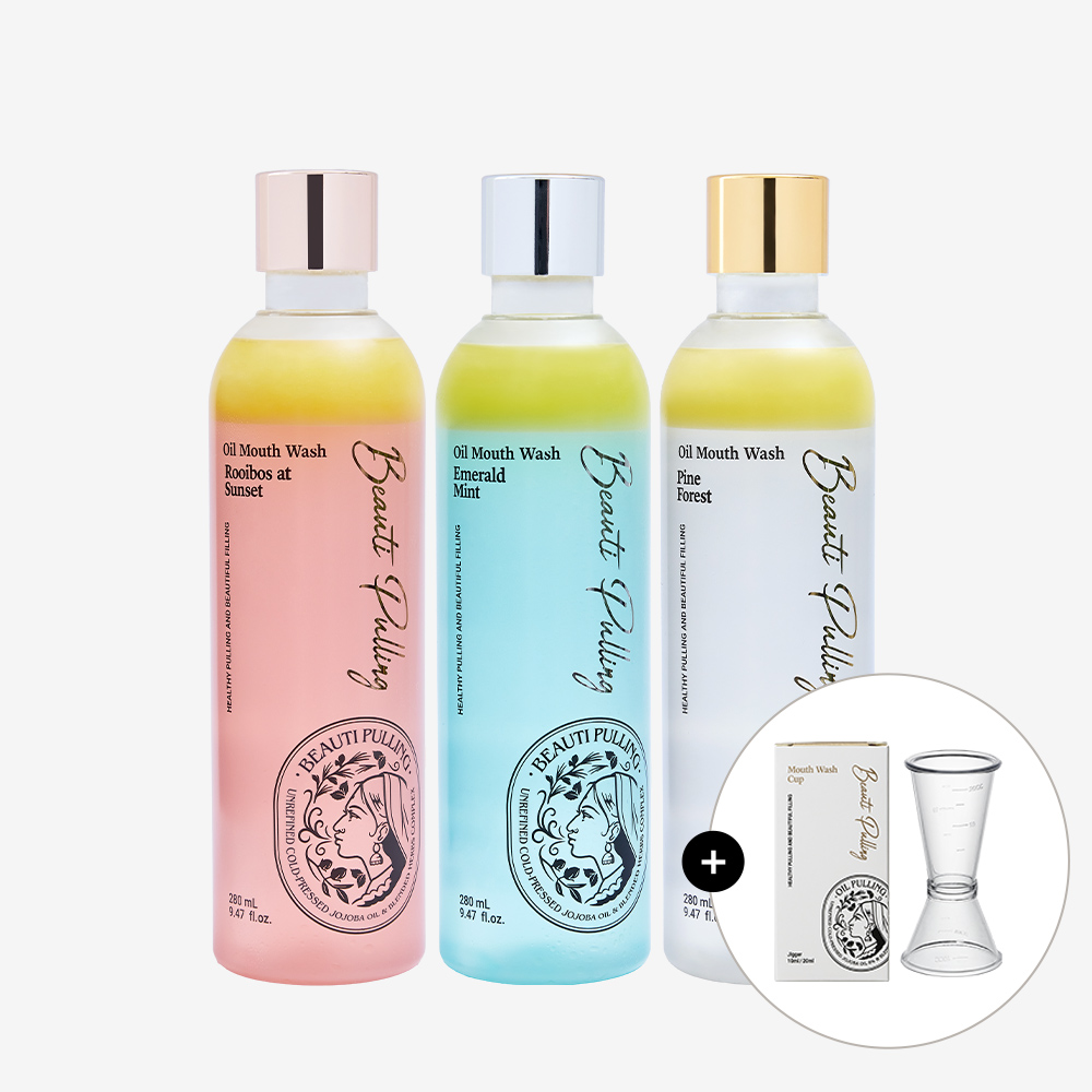 동국제약 뷰티풀링 오일가글 280ml 3종 3개 (에메랄드민트/파인포레스트/루이보스엣선셋) + 오일 가글컵 / 오일마우스워시 - 상품 이미지