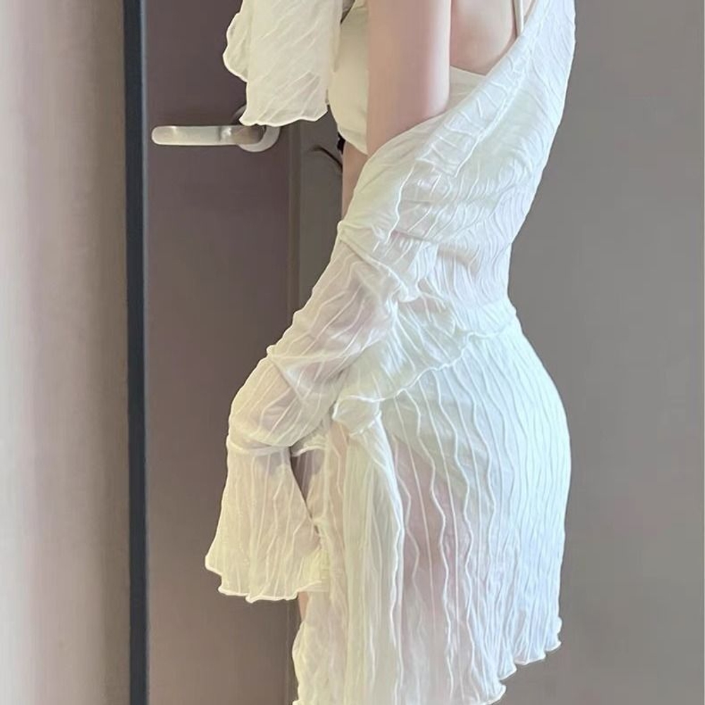 비키니 스커트 수영복세트 레이스 시스루 긴팔 크롭 커버업 프릴 셔링 랩스커트 여성용 - 상세 이미지 3