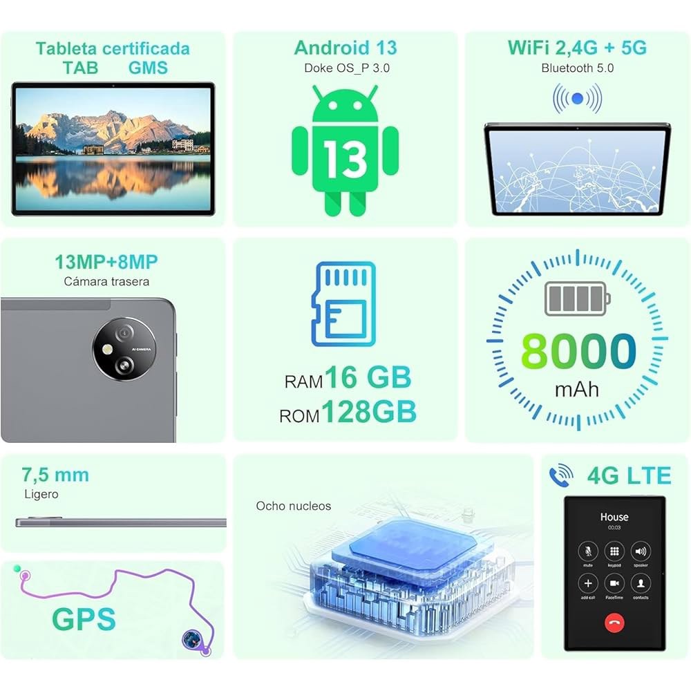 JXCNSNW 10.1인치 안드로이드 태블릿, 4G 128GB 16GB 스토리지, 지원, 터치스크린, 13.0, 듀얼 확장 Wi-Fi/WLAN/블루투스/GPS, TYD-109pro - 상세 이미지 3