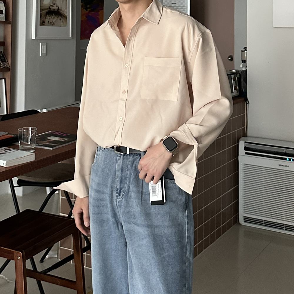 남자 셔츠 구김없는 오버핏 여름 흰색 실크 남방 남자 와이셔츠 이미지 6
