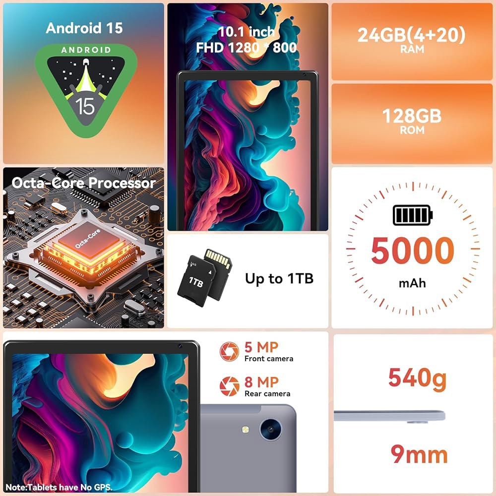 URAO 태블릿, 10.1인치 안드로이드 15 BT RAM 터치 6, 24GB HD 8H IPS 듀얼 5.0, 태블릿 128GB 배터리, 코어 ROM 옥타 프로세서 Wi-Fi 스크 - 상세 이미지 2