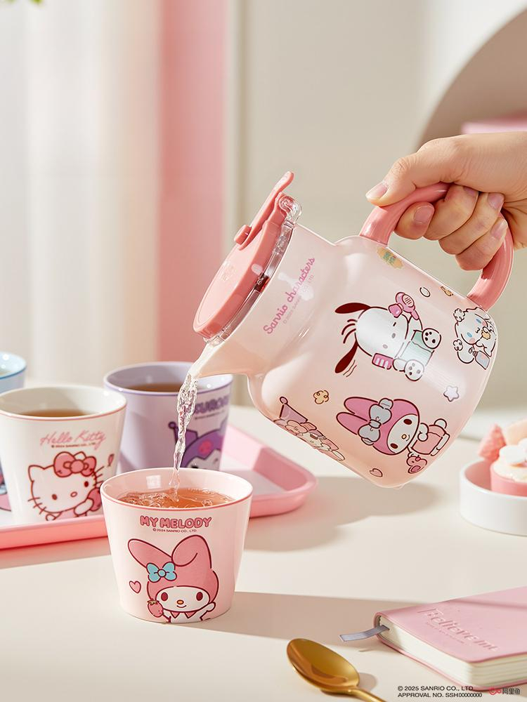 산리오 보온 병 보냉 텀블러사무용 미니 온수 주전자 차 거름망 세트 홈카페 주전자 1개 찻잔 3개 쟁반 포함 - 상세 이미지 3