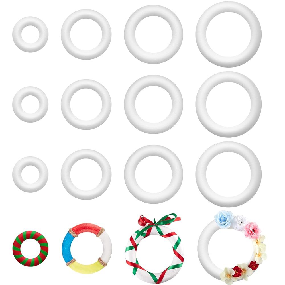Frienda 폼 리스 4가지 사이즈 아트, 25.4cm(10인치) 프로젝트, 크리스마스, 10.2cm(4인치) 링, 공예용 화이트 원형 홈 12개, DIY 데코용 15.2cm(6 - 상품 이미지