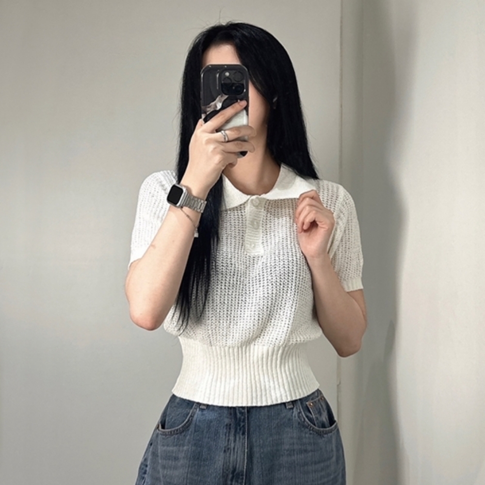 여성 시스루 그물 반팔 니트 티 2color 카라 티셔츠 단추 데일리 러블리 블랙 검정 화이트 흰 색 여자 여름 - 상품 이미지