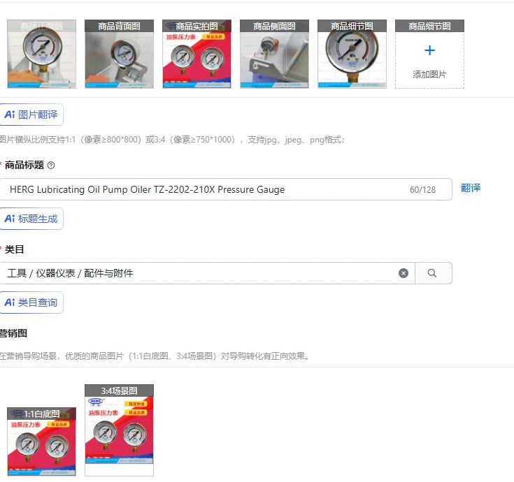 HERG 윤활유 펌프 오일러 TZ-2202-210X 압력 게이지
