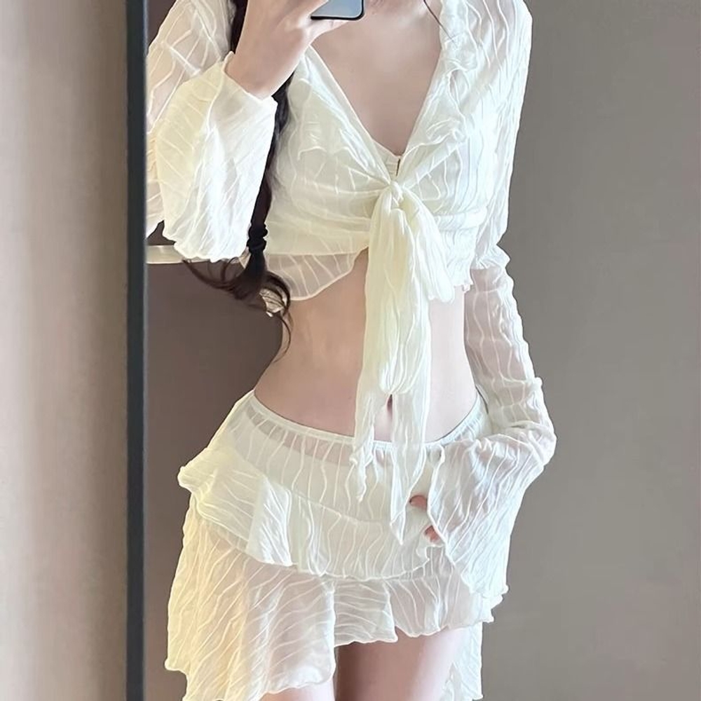 비키니 스커트 수영복세트 레이스 시스루 긴팔 크롭 커버업 프릴 셔링 랩스커트 여성용 - 상세 이미지 2