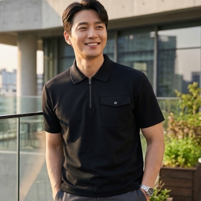 볼빅 골프 남성 여름 골프룩 서커 배색컬러 반집 카라 반팔 타셔츠 - 상품 이미지