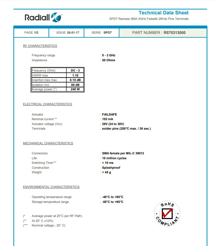 Radiall R570315000 R570313000 3 GHz SMA rf 동축 마이크로파 단극 이쓰로우 스위치 24 V