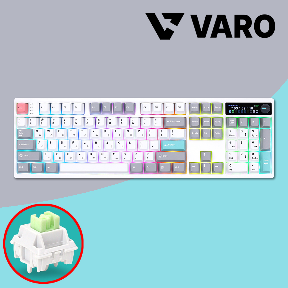 VARO 무선 기계식키보드 V104K 화이트 노브+LCD, 저소음 민트축 - 상품 이미지