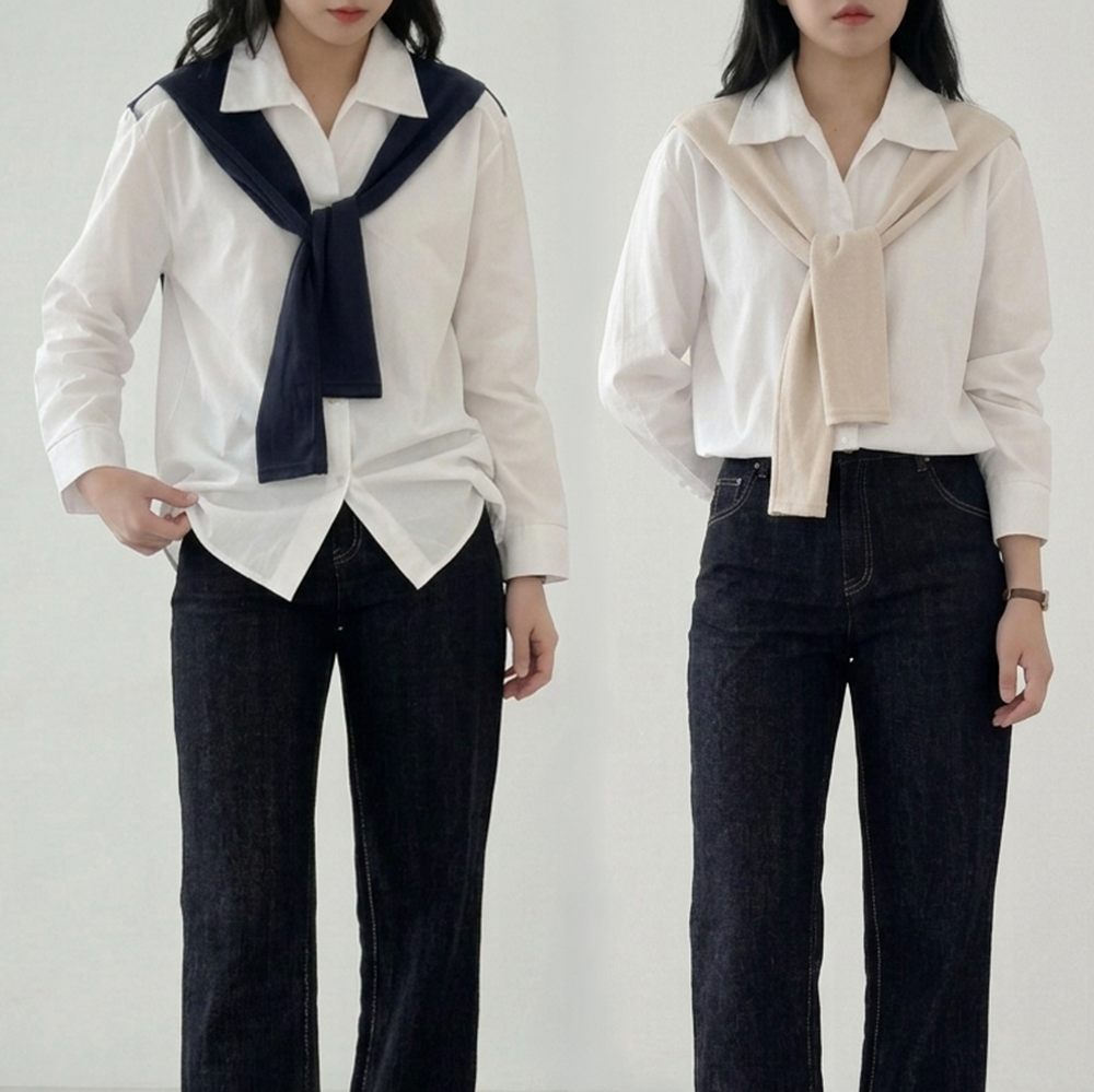 페이크숄배색남방 레이어드숄셔츠 페이크가디건남방 여성긴팔셔츠 - 상품 이미지