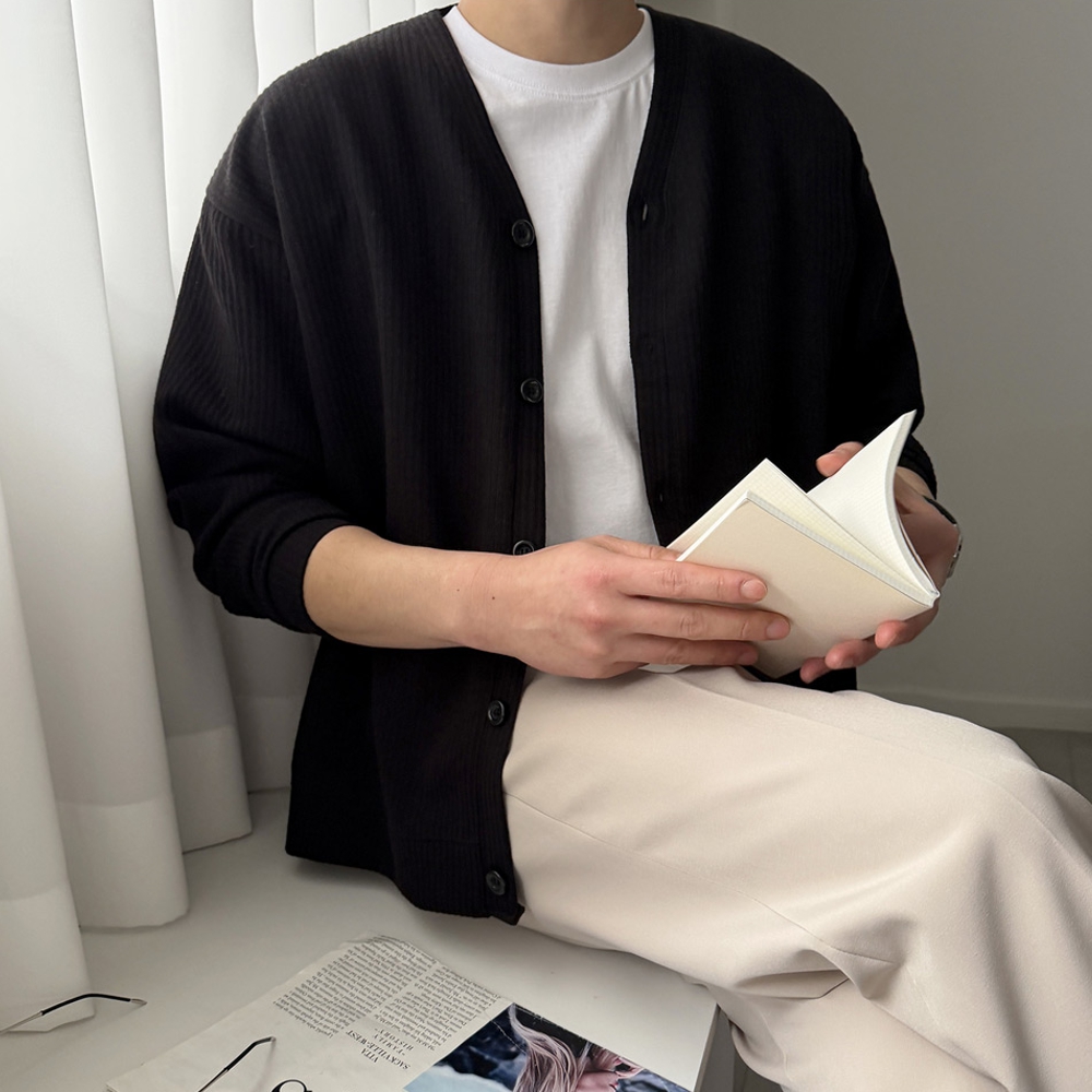 남자 게리 오버핏 봄 가을 무지 브이넥 가디건 M~5XL - 상품 이미지