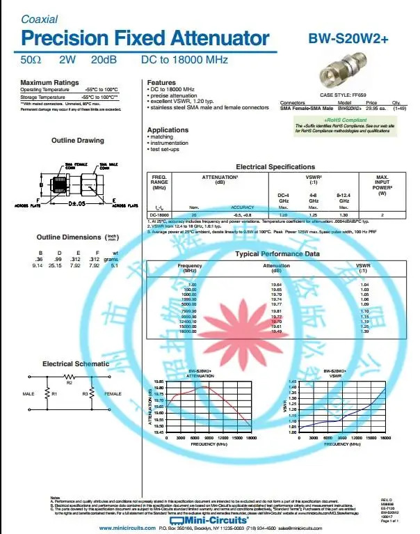 MCL 미니 Circuitss BW-S20W2 18GHz 1DB 3DB 4DB 5DB 7DB 12DB 20db 30DB 40DB 2W SMA rf 동축 고정 감쇠기