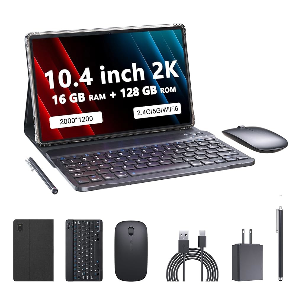 PEICHENG 키보드 및 케이스가 있는 1200 FHD 강력한 10.4인치, 2K 2000 2.4G 5.0, RAM+128GB 태블릿, 6, Wi-Fi 16GB 블루투스 x CP - 상품 이미지