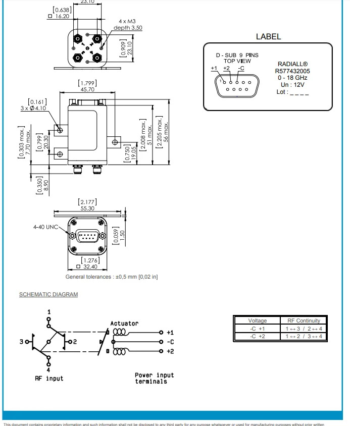 RADIALL SMA 더블 스로우 RF 동축 스위치 DPDT RAMS호환es 래칭 R577432005 12V 0-18GHz