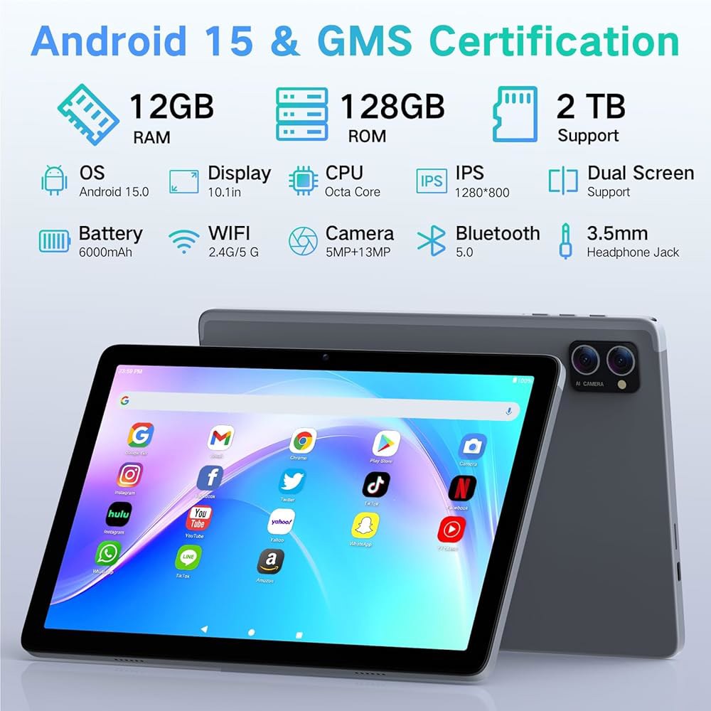 LECTRUS 안드로이드 15 태블릿 10.1인치 - AI 옥타 수명, 터치 (2TB 12GB 코어 HD Wi-Fi 배터리 Gemini 5G RAM 확장), 카메라가 긴 ROM - 상세 이미지 2
