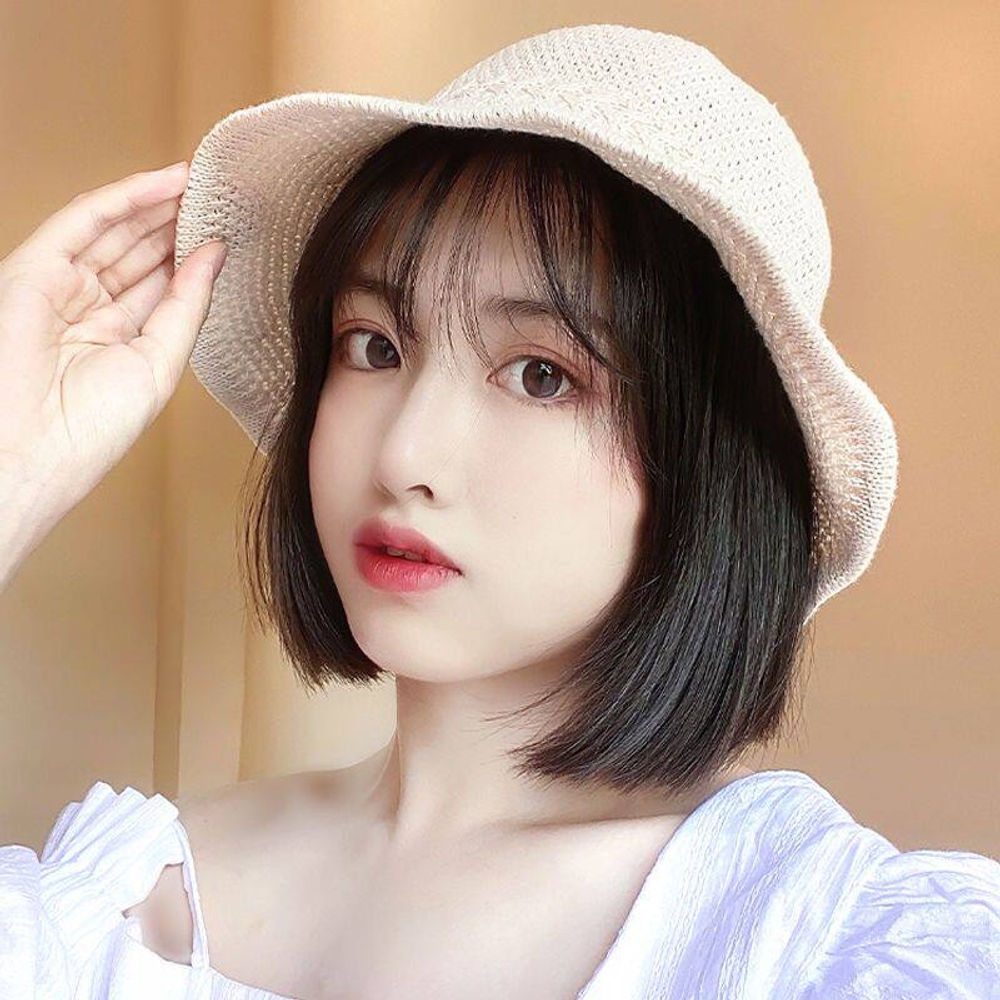 모자가발 일체형 여성 단발머리 여름 항암가발 통기성 밀짚 버킷햇 가볍고 세련된 패션 아이템 - 상품 이미지