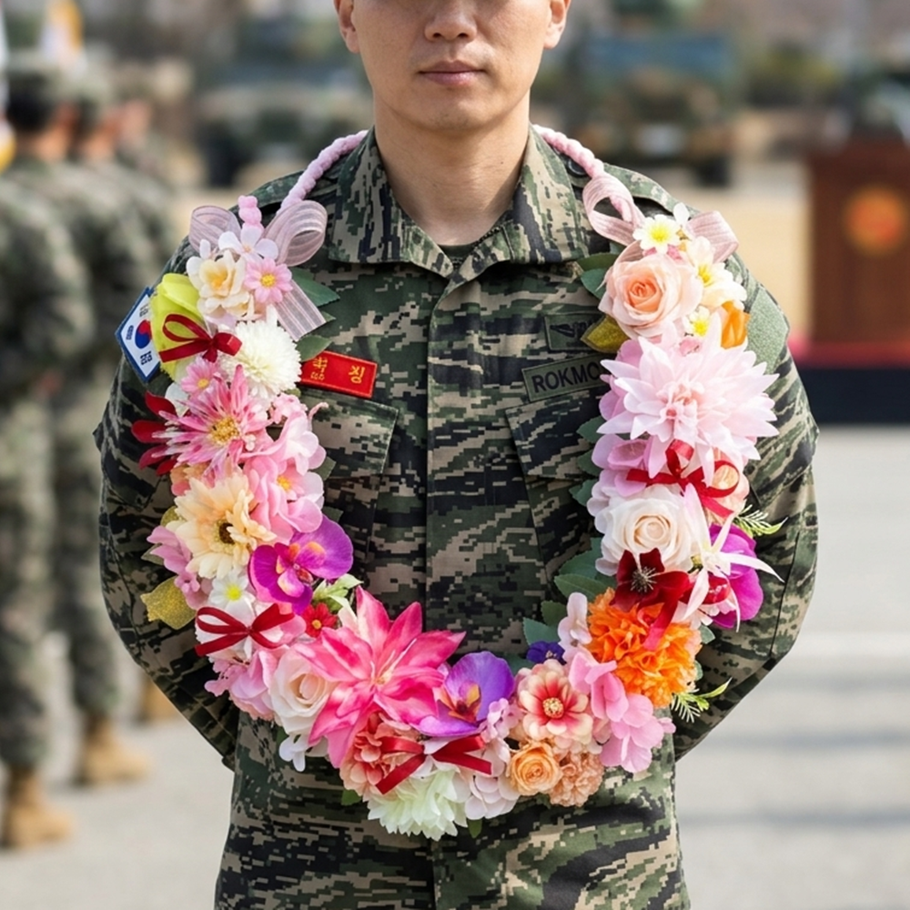 가더GADE 5AM PK 꽃목걸이 핑크 해병대 수료식 임관식 취임식 퇴임식 승진 축하화환 조화 졸업 졸업식 꽃다발 핑크 - 상품 이미지